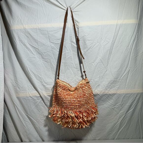 Nordstrom Straw Crossbody BucketBag Coral Drawstring Hobo Boho Eclectic Colorful - Picture 5 of 6